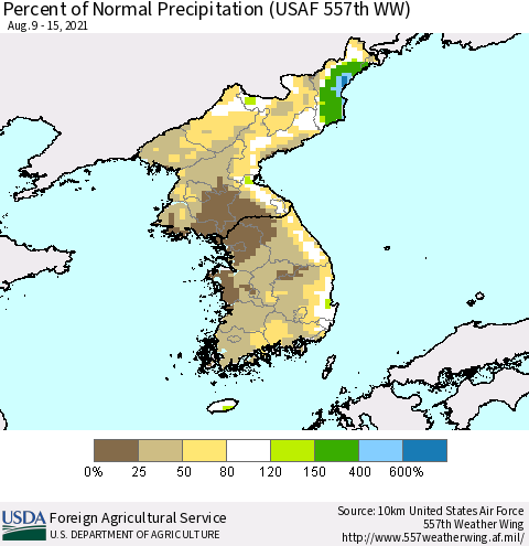 Korea Percent of Normal Precipitation (USAF 557th WW) Thematic Map For 8/9/2021 - 8/15/2021