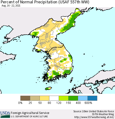 Korea Percent of Normal Precipitation (USAF 557th WW) Thematic Map For 8/16/2021 - 8/22/2021