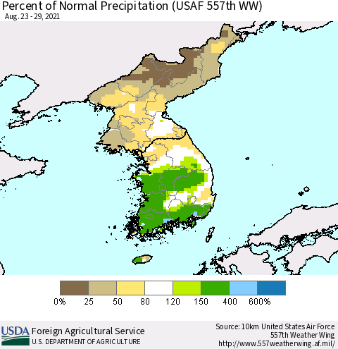 Korea Percent of Normal Precipitation (USAF 557th WW) Thematic Map For 8/23/2021 - 8/29/2021