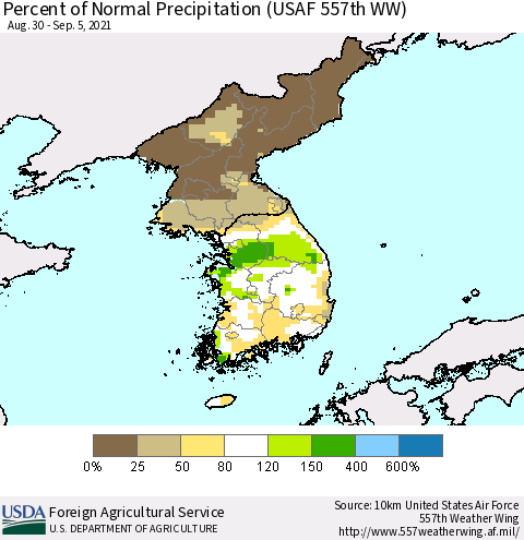 Korea Percent of Normal Precipitation (USAF 557th WW) Thematic Map For 8/30/2021 - 9/5/2021