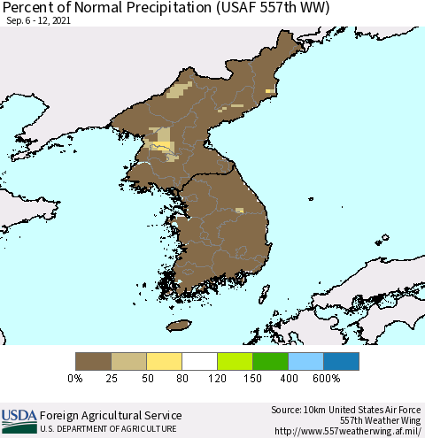 Korea Percent of Normal Precipitation (USAF 557th WW) Thematic Map For 9/6/2021 - 9/12/2021