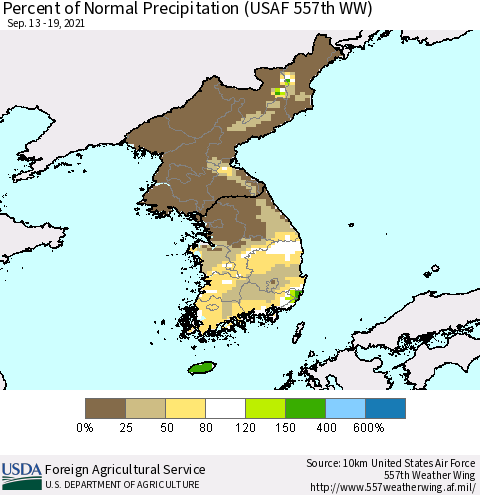 Korea Percent of Normal Precipitation (USAF 557th WW) Thematic Map For 9/13/2021 - 9/19/2021