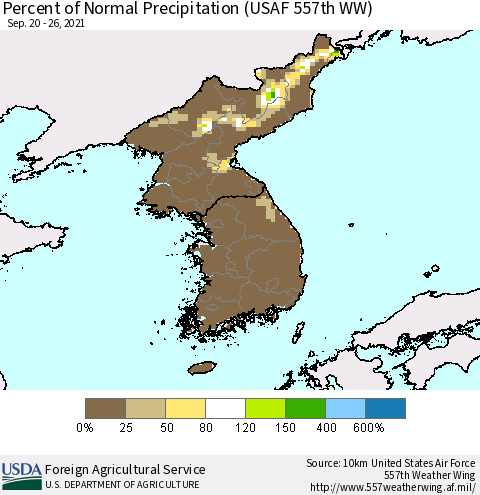 Korea Percent of Normal Precipitation (USAF 557th WW) Thematic Map For 9/20/2021 - 9/26/2021