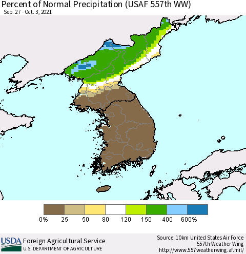 Korea Percent of Normal Precipitation (USAF 557th WW) Thematic Map For 9/27/2021 - 10/3/2021