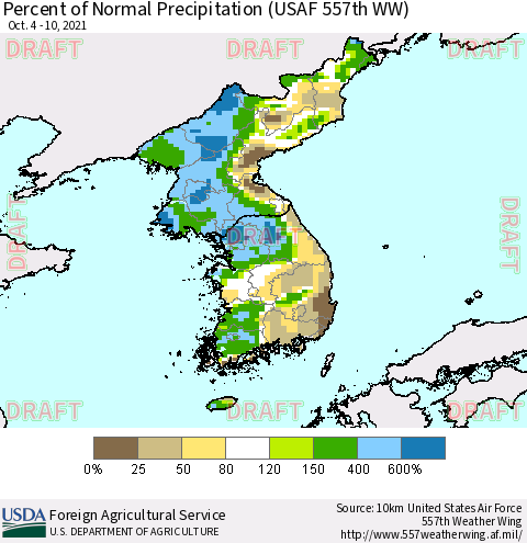 Korea Percent of Normal Precipitation (USAF 557th WW) Thematic Map For 10/4/2021 - 10/10/2021