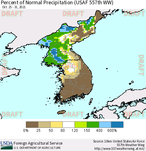 Korea Percent of Normal Precipitation (USAF 557th WW) Thematic Map For 10/25/2021 - 10/31/2021