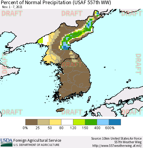 Korea Percent of Normal Precipitation (USAF 557th WW) Thematic Map For 11/1/2021 - 11/7/2021