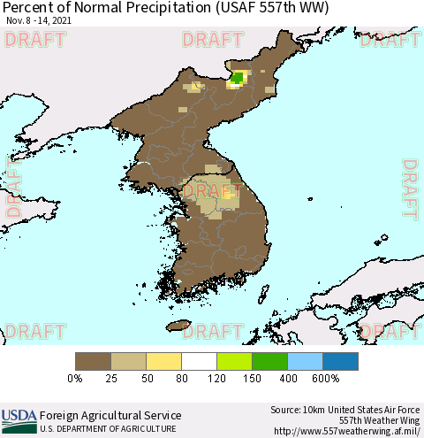 Korea Percent of Normal Precipitation (USAF 557th WW) Thematic Map For 11/8/2021 - 11/14/2021