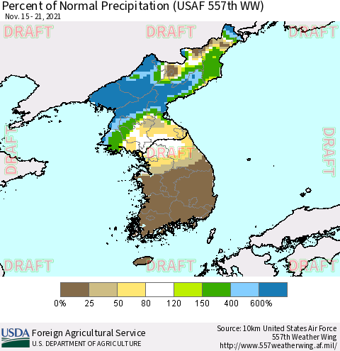 Korea Percent of Normal Precipitation (USAF 557th WW) Thematic Map For 11/15/2021 - 11/21/2021