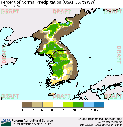Korea Percent of Normal Precipitation (USAF 557th WW) Thematic Map For 12/13/2021 - 12/19/2021