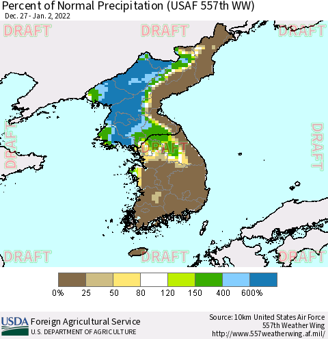 Korea Percent of Normal Precipitation (USAF 557th WW) Thematic Map For 12/27/2021 - 1/2/2022