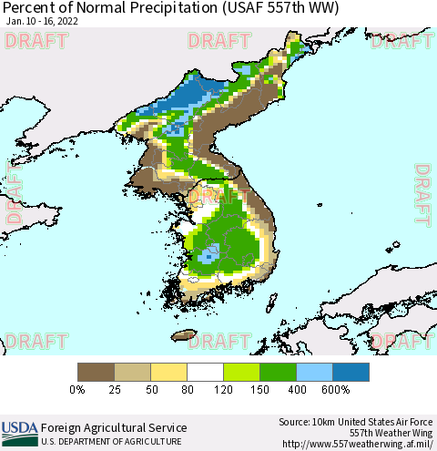 Korea Percent of Normal Precipitation (USAF 557th WW) Thematic Map For 1/10/2022 - 1/16/2022