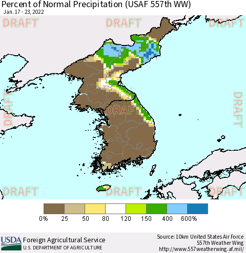 Korea Percent of Normal Precipitation (USAF 557th WW) Thematic Map For 1/17/2022 - 1/23/2022