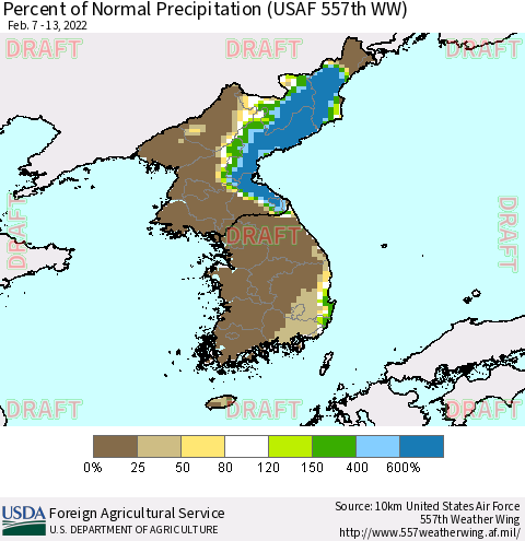 Korea Percent of Normal Precipitation (USAF 557th WW) Thematic Map For 2/7/2022 - 2/13/2022