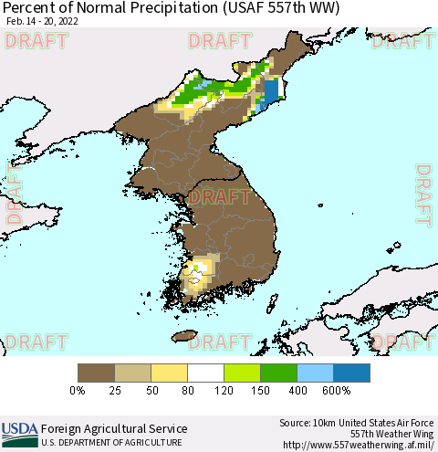 Korea Percent of Normal Precipitation (USAF 557th WW) Thematic Map For 2/14/2022 - 2/20/2022