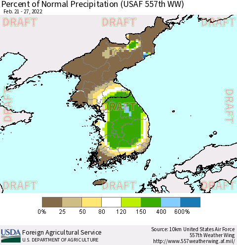 Korea Percent of Normal Precipitation (USAF 557th WW) Thematic Map For 2/21/2022 - 2/27/2022