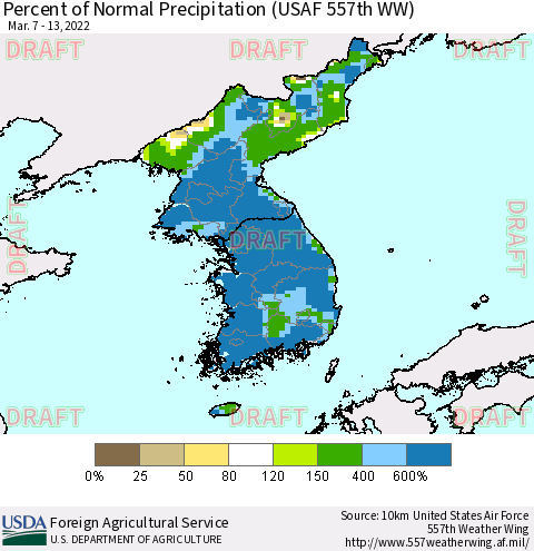 Korea Percent of Normal Precipitation (USAF 557th WW) Thematic Map For 3/7/2022 - 3/13/2022