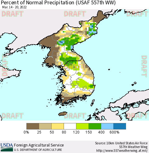 Korea Percent of Normal Precipitation (USAF 557th WW) Thematic Map For 3/14/2022 - 3/20/2022