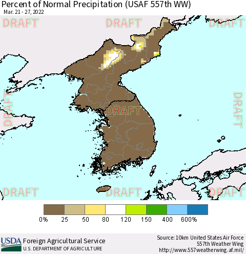 Korea Percent of Normal Precipitation (USAF 557th WW) Thematic Map For 3/21/2022 - 3/27/2022