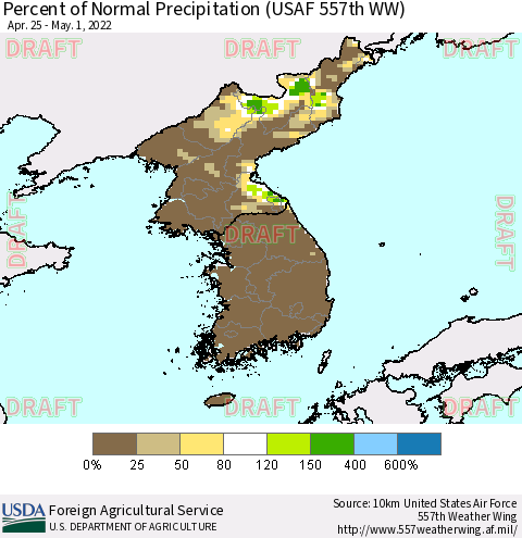 Korea Percent of Normal Precipitation (USAF 557th WW) Thematic Map For 4/25/2022 - 5/1/2022