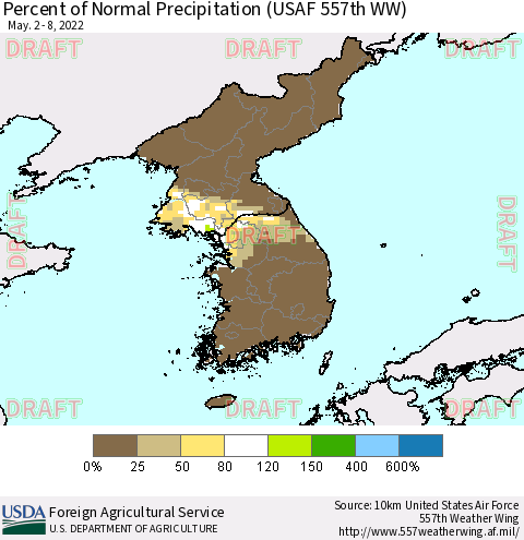 Korea Percent of Normal Precipitation (USAF 557th WW) Thematic Map For 5/2/2022 - 5/8/2022