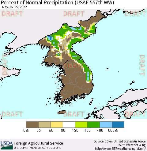 Korea Percent of Normal Precipitation (USAF 557th WW) Thematic Map For 5/16/2022 - 5/22/2022