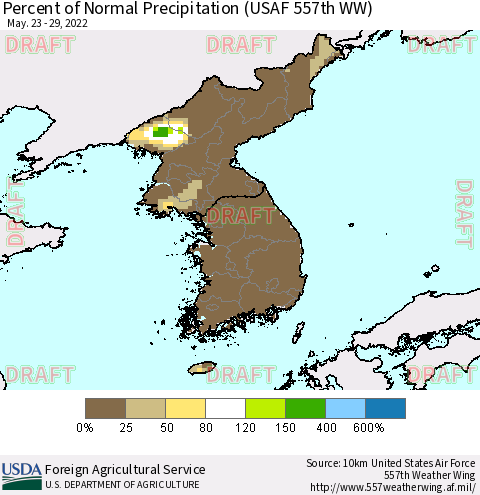 Korea Percent of Normal Precipitation (USAF 557th WW) Thematic Map For 5/23/2022 - 5/29/2022