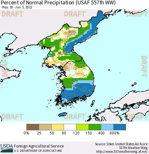 Korea Percent of Normal Precipitation (USAF 557th WW) Thematic Map For 5/30/2022 - 6/5/2022