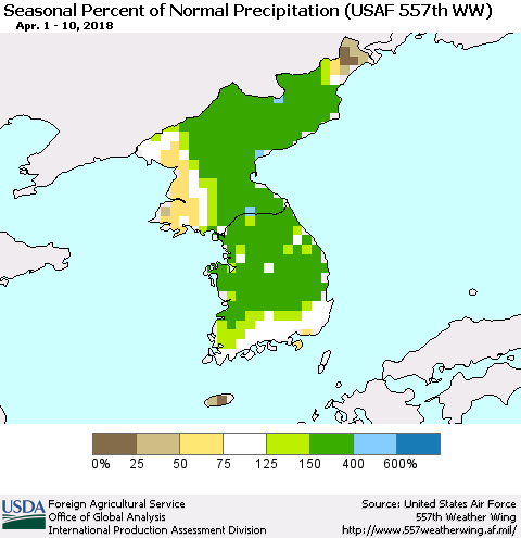 Korea Seasonal Percent of Normal Precipitation (USAF 557th WW) Thematic Map For 4/1/2018 - 4/10/2018