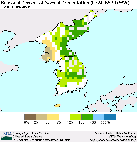 Korea Seasonal Percent of Normal Precipitation (USAF 557th WW) Thematic Map For 4/1/2018 - 4/20/2018