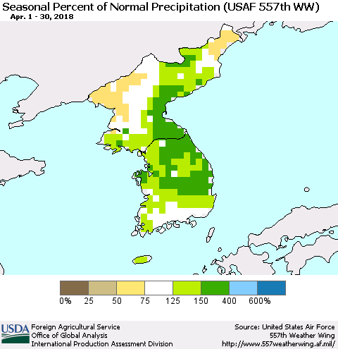 Korea Seasonal Percent of Normal Precipitation (USAF 557th WW) Thematic Map For 4/1/2018 - 4/30/2018