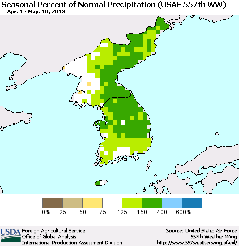 Korea Seasonal Percent of Normal Precipitation (USAF 557th WW) Thematic Map For 4/1/2018 - 5/10/2018