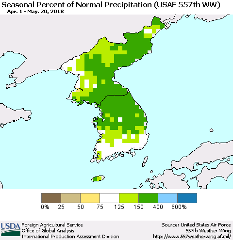 Korea Seasonal Percent of Normal Precipitation (USAF 557th WW) Thematic Map For 4/1/2018 - 5/20/2018