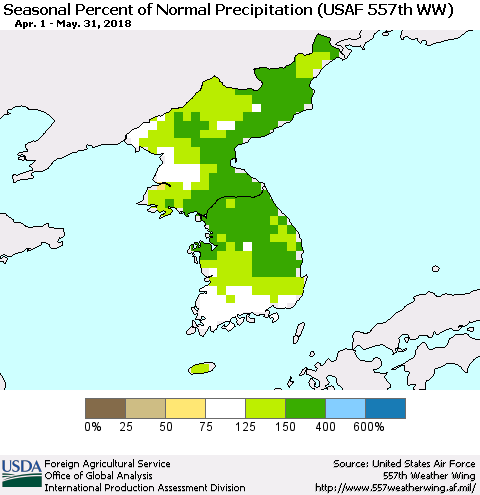 Korea Seasonal Percent of Normal Precipitation (USAF 557th WW) Thematic Map For 4/1/2018 - 5/31/2018