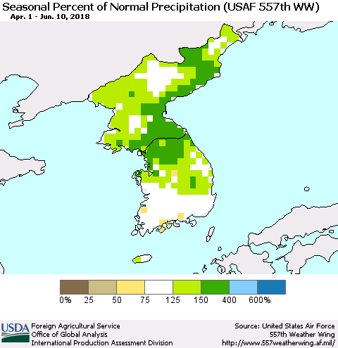 Korea Seasonal Percent of Normal Precipitation (USAF 557th WW) Thematic Map For 4/1/2018 - 6/10/2018