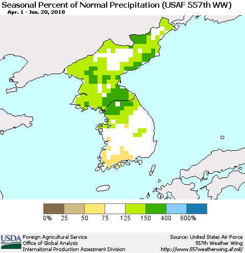 Korea Seasonal Percent of Normal Precipitation (USAF 557th WW) Thematic Map For 4/1/2018 - 6/20/2018