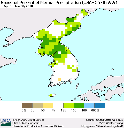 Korea Seasonal Percent of Normal Precipitation (USAF 557th WW) Thematic Map For 4/1/2018 - 6/30/2018