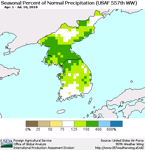Korea Seasonal Percent of Normal Precipitation (USAF 557th WW) Thematic Map For 4/1/2018 - 7/10/2018