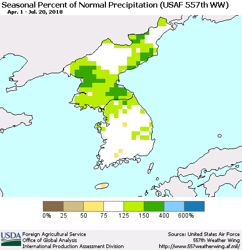 Korea Seasonal Percent of Normal Precipitation (USAF 557th WW) Thematic Map For 4/1/2018 - 7/20/2018
