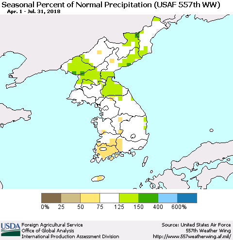 Korea Seasonal Percent of Normal Precipitation (USAF 557th WW) Thematic Map For 4/1/2018 - 7/31/2018