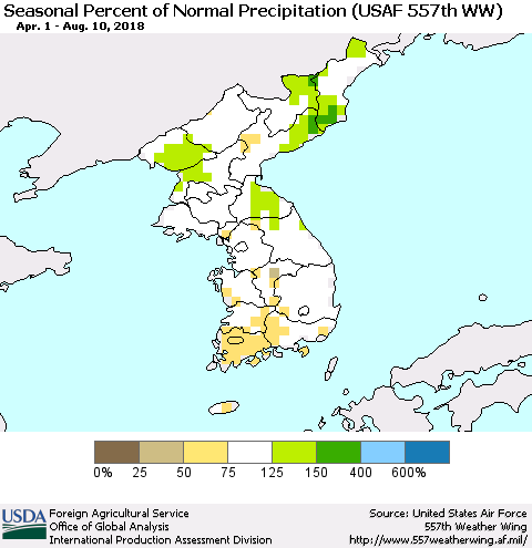 Korea Seasonal Percent of Normal Precipitation (USAF 557th WW) Thematic Map For 4/1/2018 - 8/10/2018
