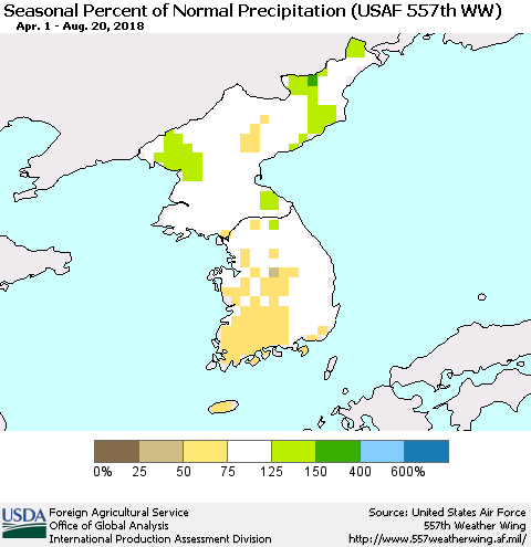 Korea Seasonal Percent of Normal Precipitation (USAF 557th WW) Thematic Map For 4/1/2018 - 8/20/2018