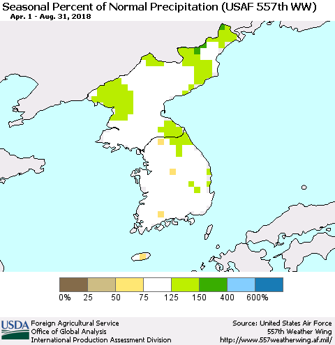 Korea Seasonal Percent of Normal Precipitation (USAF 557th WW) Thematic Map For 4/1/2018 - 8/31/2018