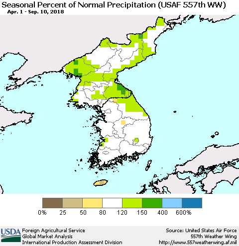 Korea Seasonal Percent of Normal Precipitation (USAF 557th WW) Thematic Map For 4/1/2018 - 9/10/2018