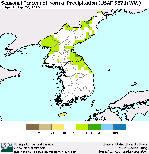 Korea Seasonal Percent of Normal Precipitation (USAF 557th WW) Thematic Map For 4/1/2018 - 9/20/2018