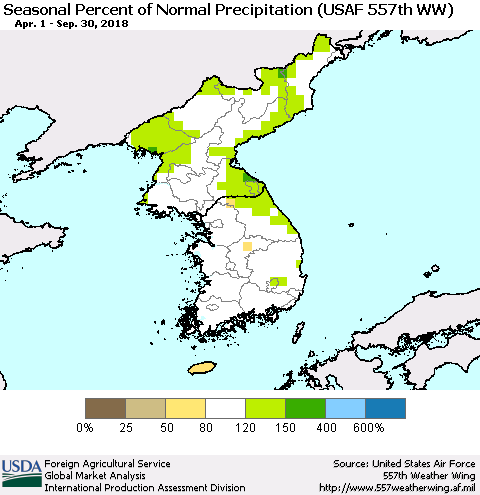 Korea Seasonal Percent of Normal Precipitation (USAF 557th WW) Thematic Map For 4/1/2018 - 9/30/2018