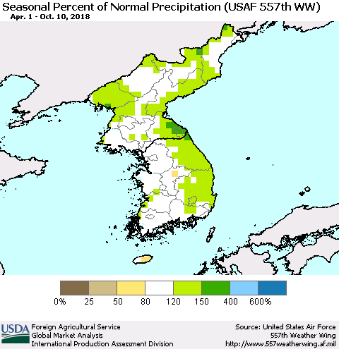 Korea Seasonal Percent of Normal Precipitation (USAF 557th WW) Thematic Map For 4/1/2018 - 10/10/2018