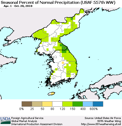 Korea Seasonal Percent of Normal Precipitation (USAF 557th WW) Thematic Map For 4/1/2018 - 10/20/2018