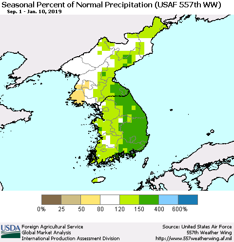 Korea Seasonal Percent of Normal Precipitation (USAF 557th WW) Thematic Map For 9/1/2018 - 1/10/2019