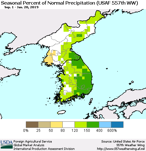 Korea Seasonal Percent of Normal Precipitation (USAF 557th WW) Thematic Map For 9/1/2018 - 1/20/2019